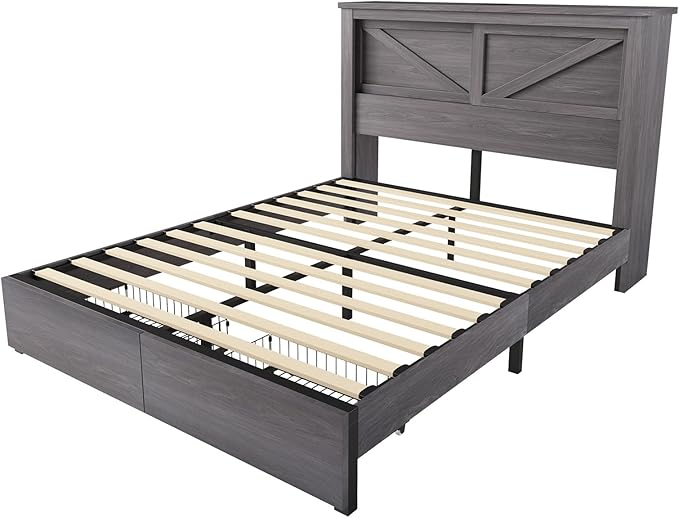 AMERLIFE 47.2" H Full Bed Frame with Hidden Space Bookcase Headboard and Charging Station, Beds with 2 Storage Drawers and Wood Slats, No Box Spring Needed, Grey