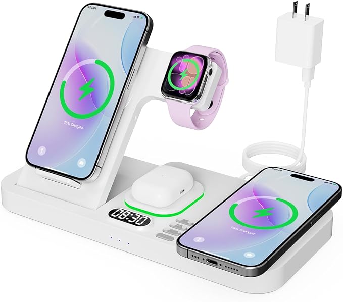 Dual Phone Magnetic Wireless Charging Station for Apple Devices/Apple Ecosystem,with Auto-Switch 7-Color Light & Clock, Compatible with iPhone 17/16/15, for iWatch 11/10/9 & AirPods Pro3（White