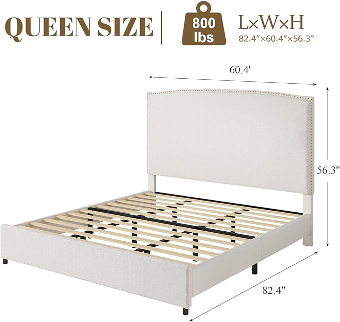Queen Size Bed Frame with Headboard, 56" Upholstered Platform Bed with Nailhead Trim, Soft Boucle Fabric, No Box Spring Needed, Easy Assembly, White