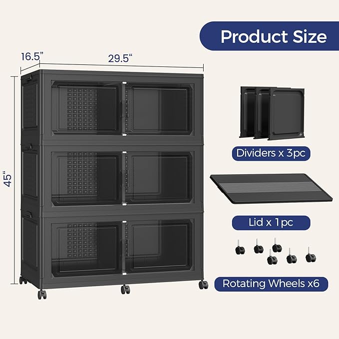 480 QT Extra Large Stackable Storage Bins with Lid, 120 Gal Collapsible Storage Box with Wheels, Folding Closet Organizers and Storage Cabinet with Doors for Home, Kitchen, Office, 3Pack Black