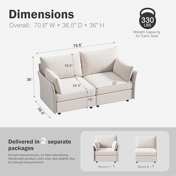 ABCASA Oversized Loveseat Sofa, Modern Modular Sectional Couch White Fluffy Chenille Mid Century 2-Seat 24.5" Deep Seat for Apartment, Living Room, Bedroom