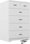 Dresser with Power Outlets Wooden 6 Drawer Dresser with Large Organizer White Tall Storage Organizer with Smooth Metal Rail Modern Chest of Drawers Closet for Bedroom Hallway