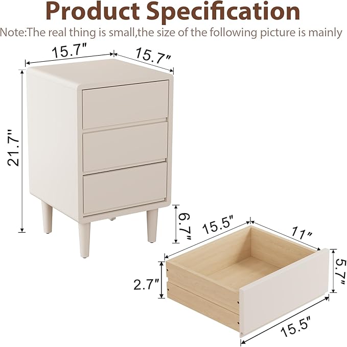 Tall Nightstand White Night Stand with 3 Drawers Mid Century Modern Nightstand with Storage,Solid Wood Night Stand,Small Bedside Table for Bedroom,Living Room,Office,White Bedside Table