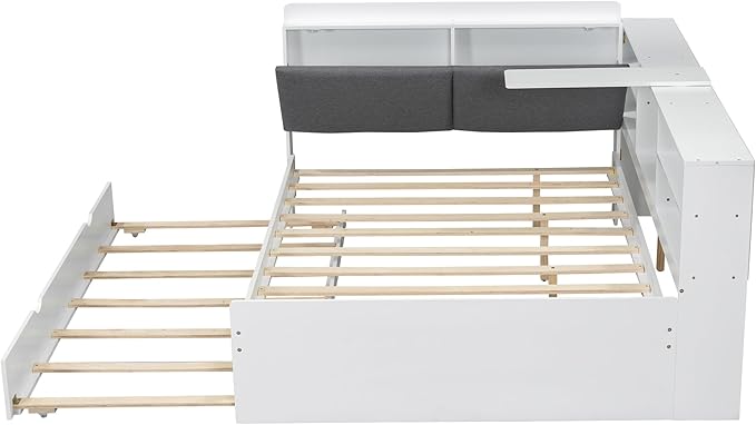 Ball & Cast Full Size Wooden Storage Daybed Frame, Modern Platform Bed with Trundle & Flip Headboard & Shelves, L Shaped Full Floor-Bed w/Upholstered Headboard&Storage, No Box Spring Needed, White