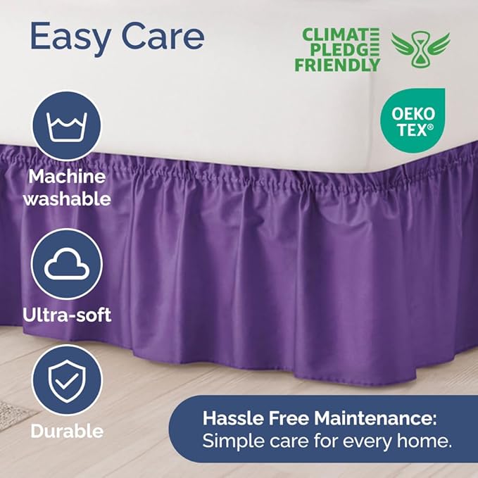 Wrap Around Dust Ruffle Bed Skirt - Purple - for Full Size Beds with 24 Inch Drop - Easy Fit Elastic Strap - Adjustable Pleated Bedskirt w/Brushed Fabric - Wrinkle Free - for Women, Men, Kids & Teens