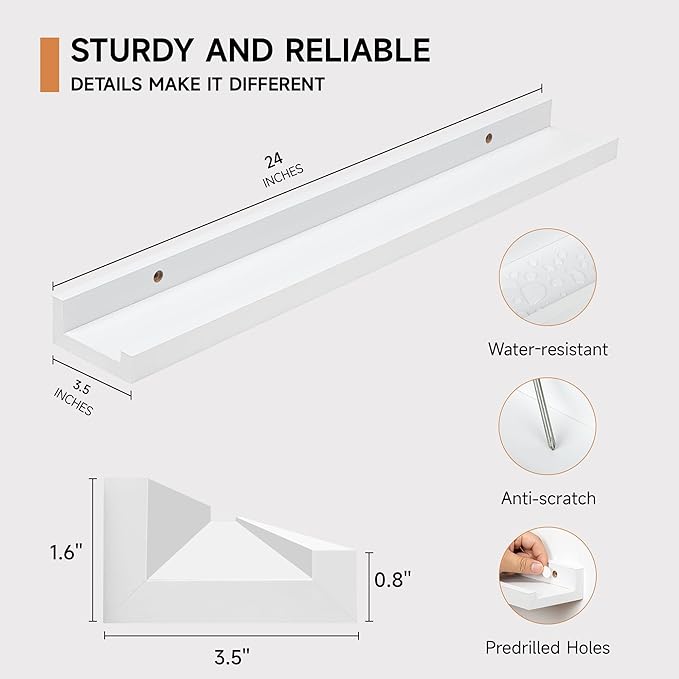 Fun Memories Picture Ledge Shelf for Wall, Floating Shelves Set of 4, 24 Inch Long Nursery Book Shelves for Toys Storage, Kids Bookshelf Wall Mounted for Books Photo Frames, White