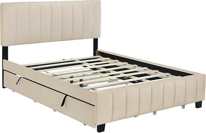 Queen Bed Frame with Trundle Bed,Velvet Upholstered Platform Bed Frame with Storage Drawers,Queen Size Trundle Bed with Headboard for Kids Teens Adults,Beige