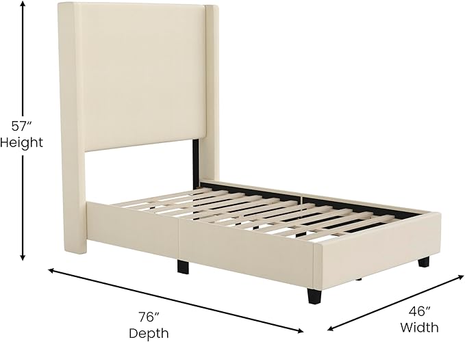 EMMA + OLIVER Nora Twin Size Faux Linen Upholstered Platform Bed with Plush Padded Wingback Headboard (No Box Spring Needed), Modern Upholstered Headboard Twin Bed Frame, Beige
