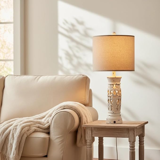 BOBOMOMO 27.25” Farmhouse Table Lamps Set of 2 – Antique White Bedside Lamps with Night Light & USB A+C Ports, Vintage Lamps for Bedroom, Living Room, Entryway, Console Table (Bulbs Included)