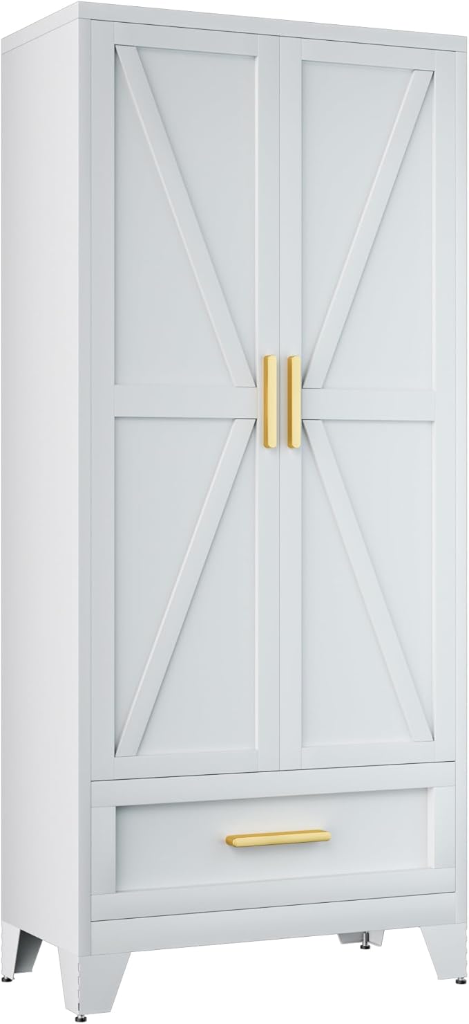 COFaR 71 Farmhouse Metal Wardrobe Closet with Hanging Rod, 2 Barn Doors, Adjustable Shelves, Steel Armoire with Drawer for Home, Bedroom White