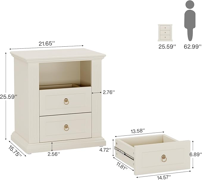 Tribesigns 3-Drawer Nightstand Set of 2, Modern Bedside Table with Storage Drawers, Wood Night Stand Side End Table for Bedroom, Beige