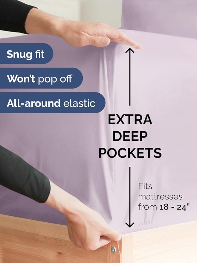 Extra Deep Split King Sheet Set - 7 Piece Breathable & Cooling Sheets - Hotel Luxury Bed Sheets Set - Easy Fit - Soft, Wrinkle Free & Comfy Sheets Set - Light Lavender Sheet Set w/Extra Deep Pockets