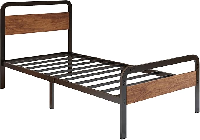 12 Inch Twin Bed Frames with Wooden Headboard and Footboard, No Box Spring Needed, Heavy Duty Metal Mattress Foundation, Noise Free, Easy Assembly, Black