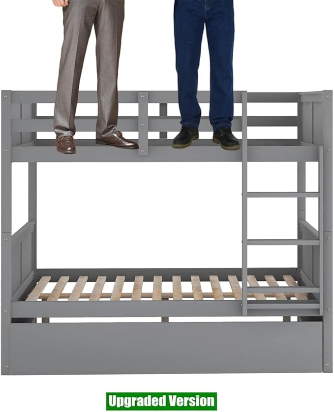 TSAMPA Latest Upgraded & Stronger Heavy Duty Solid Wood Full Over Full Bunk Bed with Trundle, Thickened Safer Convertible Bunk Bed Frame Full Over Full Size Bunk Bed (Easier to Assemble) (Gray), Grey