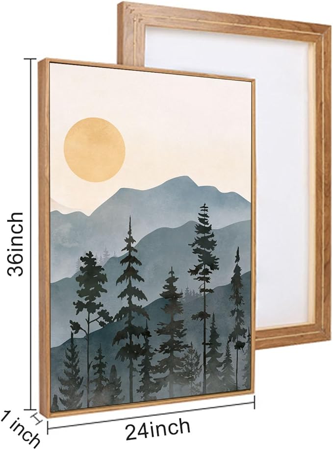 LHIUEM Boho Mountain Framed Canvas Wall Art Set,Forest Pine Tree Wall Decor, Sunrise Misty Wilderness Painting,Watercolor Nature Landscape Artwork for Living Room,Bedroom,Dining Room,Office -24"x36"x3