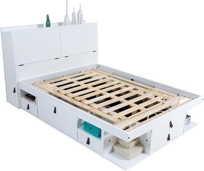memomad Bali Set: Storage Platform Bed with Drawers + Bookcase Headboard (Full Size, White Wood)