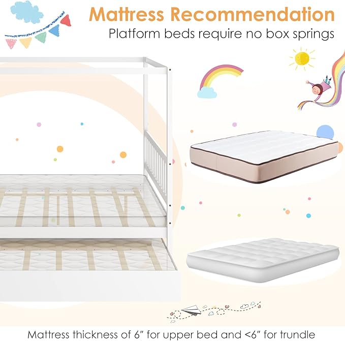 Giantex Canopy Bed with Trundle, Full Size Kids Solid Wood Platform Bed Frame w/Headboard Wooden Twin Trundle Bed for Boys Girls, No Box Spring Needed (White)