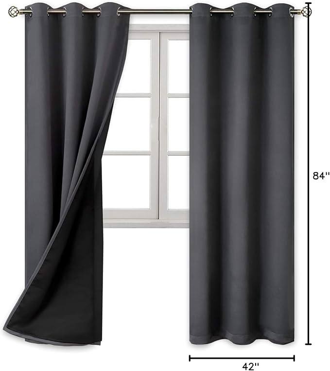 BGment Thermal Insulated 100% Blackout Curtains for Bedroom with Black Liner, Double Layer Full Room Darkening Noise Reducing Grommet Curtain (42 x 84 Inch, Dark Grey, 2 Panels)
