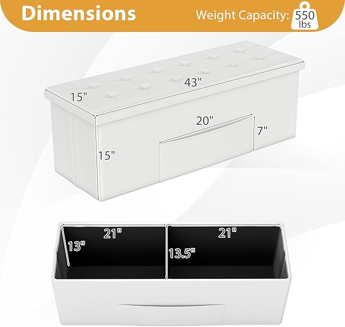 Giantex 43 Inches Folding Storage Ottoman Bench, Upholstered PU Leather Storage Chest with Side Pocket, Padded Seat, End of Bed Bench, Collapsible Ottoman Foot Rest for Living Room, Bedroom & Entryway