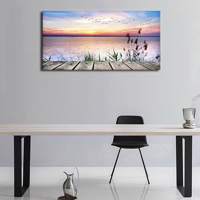 Canvas Wall Art Lake Dock Sunset Scenery Flying Birds Picture Large Beach Sunset Landscape Canvas Artwork Contemporary Nature Pictures for Living Room Bedroom Home Office Kitchen Wall Decor 20" x 40"