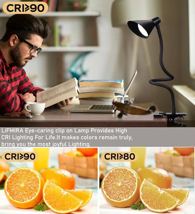 Clip on Light USB Reading Light, Eye Care Dimmable Reading Lamp 3 Color & 10 Brightness Levels Flexible Gooseneck Clip on Lamp for Bed Headboard Desk Bedside Dorm - Black