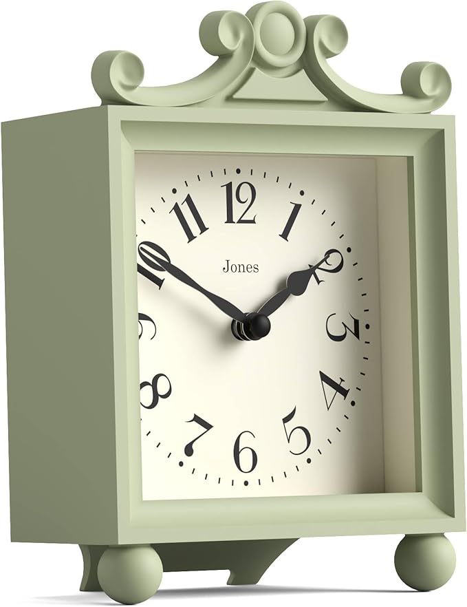 JONES CLOCKS® Parlour Mantel Clock | Classic Carriage Clock | Sage Green | Elegant Square Decorative case, Perfect for Mantel, Shelf, Table or Bedside