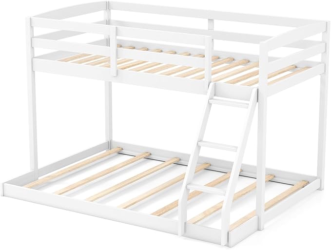 KOMFOTT Low Bunk Bed Twin Over Full, Solid Wood Twin Bed Frame with Built-in Ladder & Safety Guardrails, Space-Saving Low Bunk Bed for Kids, Teens, No Box Spring Needed