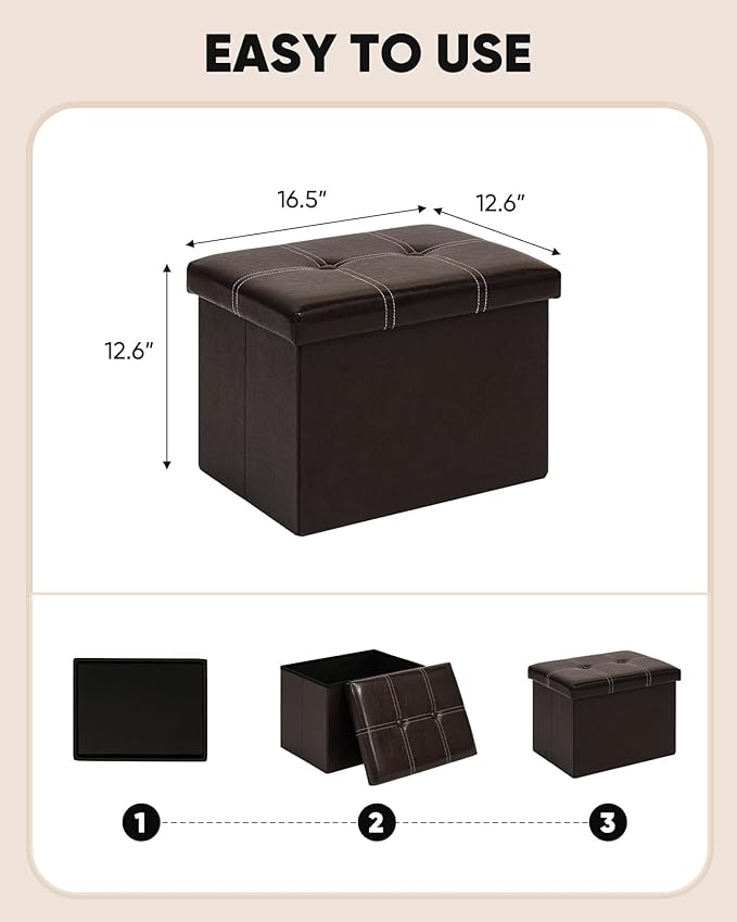 B FSOBEIIALEO Folding Storage Ottoman Cube, Faux Leather Footrest Seat Coffee Table, Brown 16.5"x12.6"x12.6"