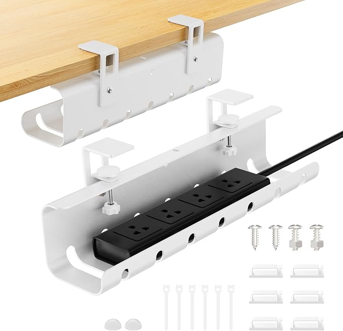Under Desk Cable Management Tray No-Drill 2 Pack 16.9‘’ Wire Cord Organizers, Cable Management Under Desk for Home and Office No Damage White