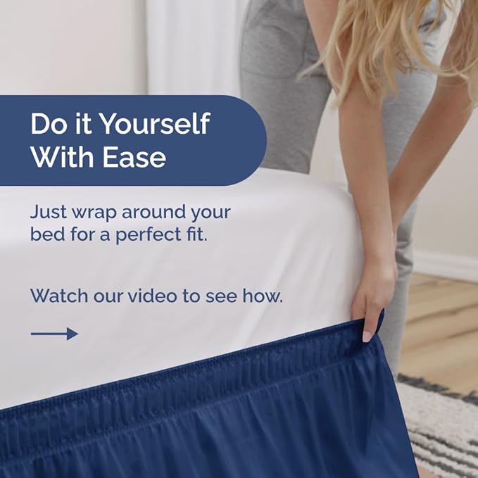 Wrap Around Dust Ruffle Bed Skirt - Navy Blue - for Queen Size Beds w/ 14 Inch Drop - Easy Fit Elastic Strap - Adjustable Pleated Bedskirt with Brushed Fabric, Wrinkle Free Women, Men, Kids and Teens