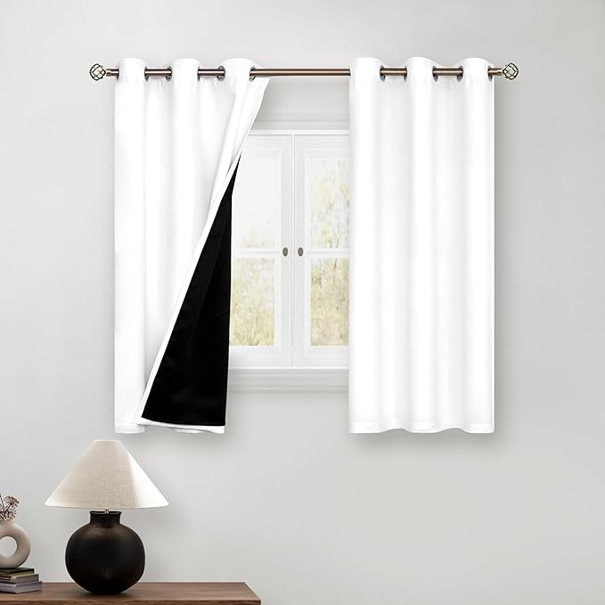 BGment Short 100% Blackout Curtains for Bedroom, Thermal Insulated Energy Efficiency Noise Reducing Grommet Curtains 54 Inch Length with Liner for Small Window 2 Panels Each 42 Inch Wide, Pure White