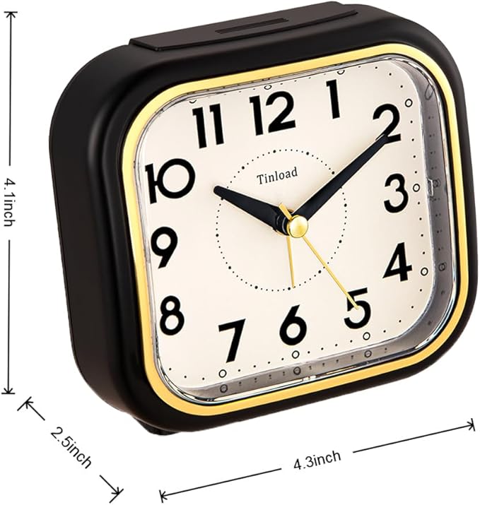 4.3" Retro Analog Alarm Clock • Silent Non Ticking • Gentle Wake • Beep Sounds • Increasing Volume • Battery Operated Snooze and Lighted on Demand • Retro Black
