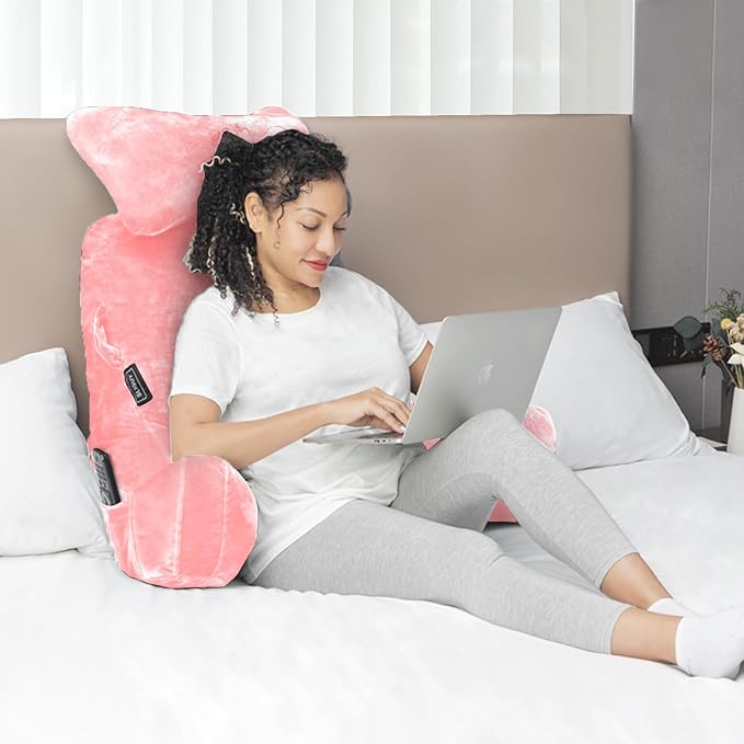 SLIGUY Reading Pillow-Bed Rest Pillow with Detachable Neck Roll & Higher Support Arm for Sitting in Bed Couch or Floor-Backrest Reading Pillow Adult Back Pillow for Reading/Watching TV/Gaming,Pink