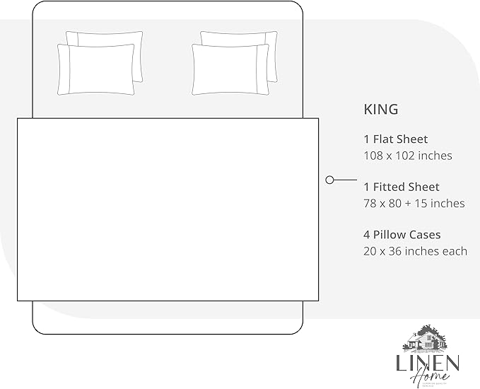 Linen Home 100% Cotton Percale Sheet Set, King Size, Snow White, Deep Pocket, 6 Pieces Set - 1 Flat, 1 Deep Pocket Fitted Sheet and 4 Pillowcases, Crisp Cool and Strong Bed Linen