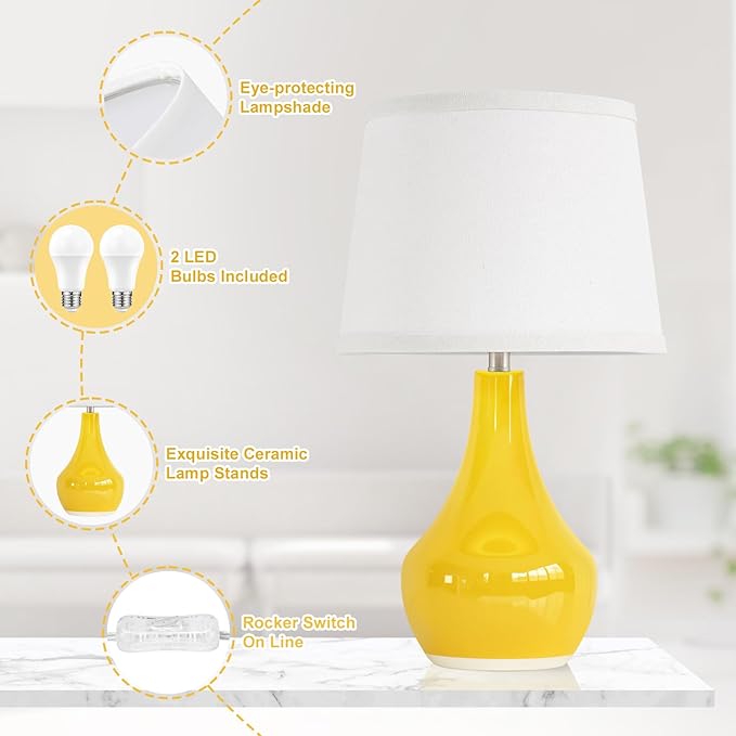 Seealle Modern Ceramic Table Lamps for Night Stands - Bedside Lamps Set of 2 for Nightstand,Yellow Bedroom Lamp for Living Room Cute Desk End Table Office Guest Room Dresser Rocker Swtich