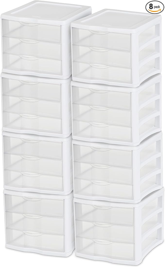 Sterilite Clearview Compact Stacking 3 Drawer Storage Organizer System, (8 Pack)