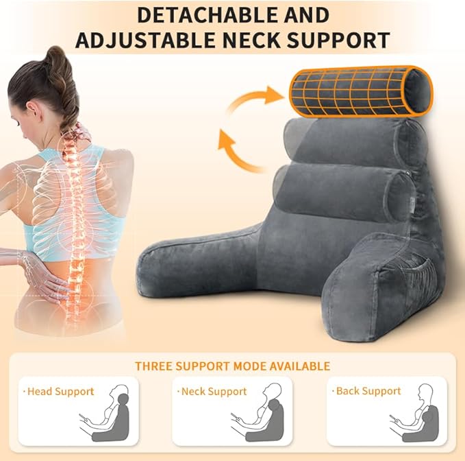 mittaGonG Reading Pillow for Sitting in Bed with Detachable Neck Roll & Big Bed Backrest Pillow Back Support Pillow Chair Pillow with Washable Cover for Adult with Arms and Side Pocket Shredded Foam