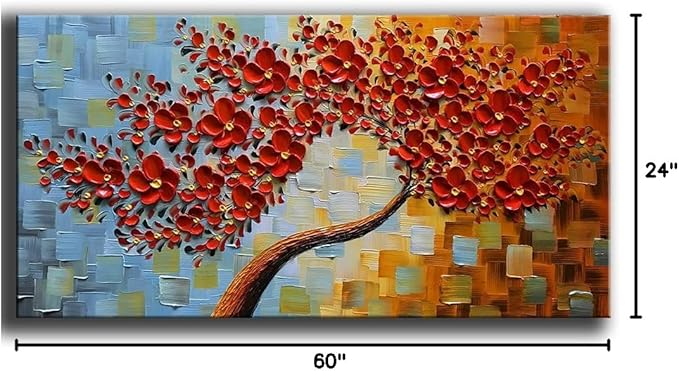 YaSheng Art - large size Red Flower Canvas Wall Art handpainted Contemporary Art Oil Painting On Canvas Texture Abstract 3D Tree Paintings Modern Home Decor Wall Art for living room Ready to hang 24x60inch