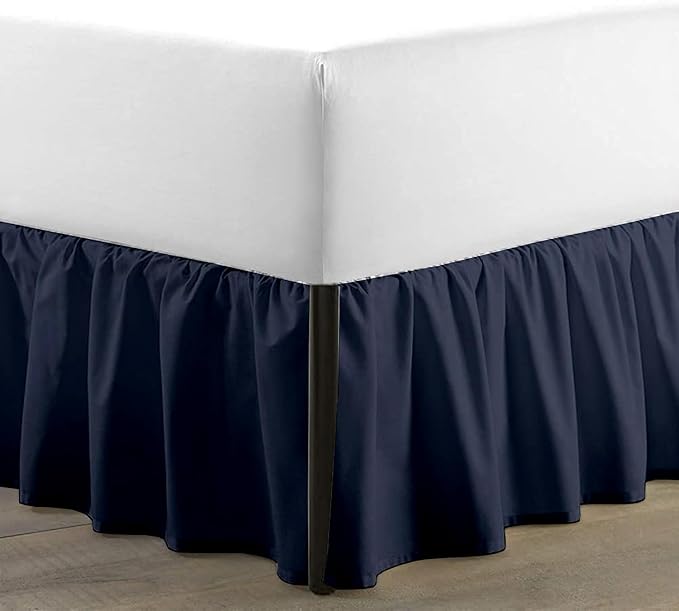 SKY BEDDINGS - Queen Size Ruffled Bed Skirt with Split Corners - 16 Inch Drop Dust Ruffle Bed Skirt with Platform Three Sided Coverage - 100% Microfiber, Navy Blue