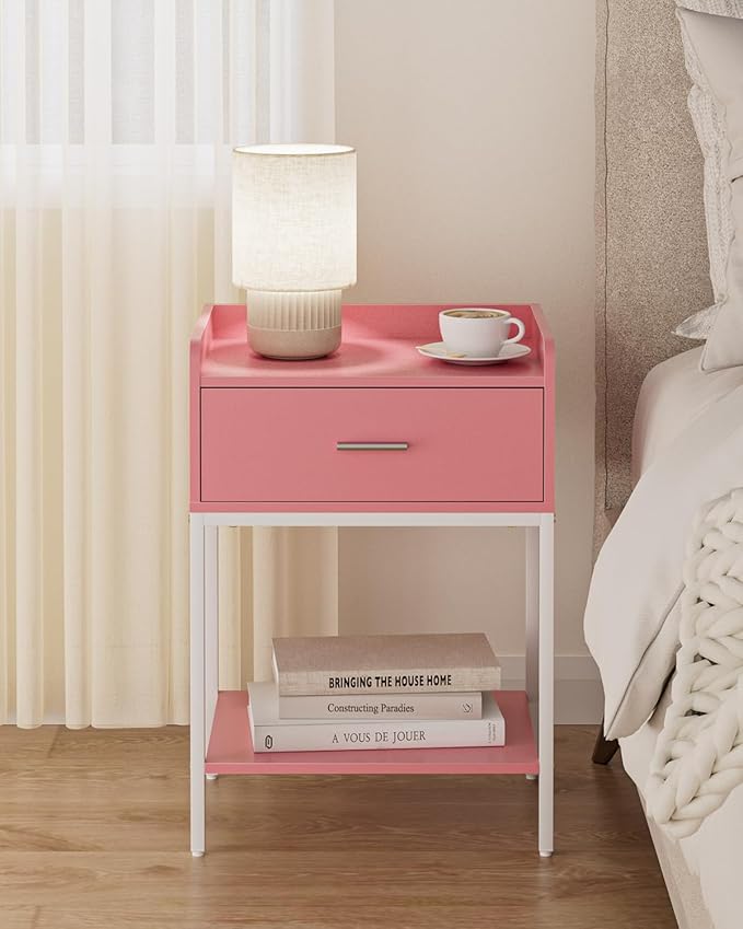 Masupu Nightstand,Bedside Table 3-Tier Modern Night Stand with Storage Drawer and Shelf,Small End Side Table for Bedroom,Living Room,Black (Without Outlet, Pink)