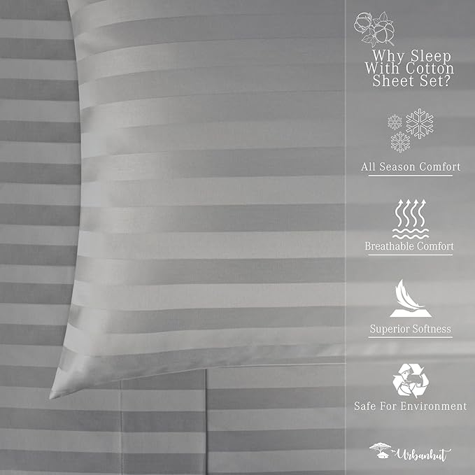 URBANHUT 800 Thread Count 100% Cotton Damask Full Size Sheets, 4 Piece Striped Full Size Bedsheets, Luxury Hotel Sheets Sateen Weave - Better Than Egyptian, 16" Elasticized Deep Pocket- Dark Grey
