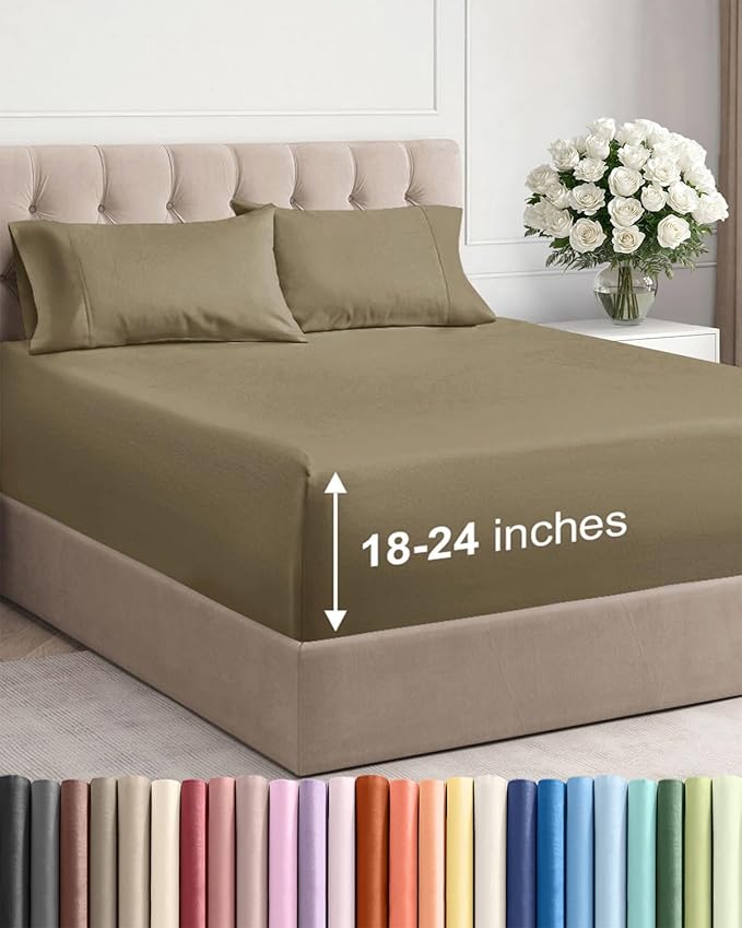 Extra Deep Twin XL Sheet Set - 4 Piece Breathable & Cooling Sheets - Hotel Luxury Bed Sheets Set - Easy & Secure Fit - Soft, Wrinkle Free & Comfy Sheets Set - Khaki Sheet Set with Extra Deep Pockets