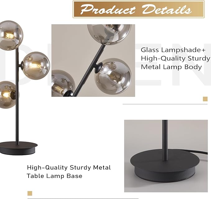 Mid Century Modern Table Lamp Smoky Grey Glass Globe Desk Lamp Industrial Vintage Bedside Table Light Contemporary Minimalist Metal Nightstand Reading Lamp Retro Table Lamp MTL03-SG