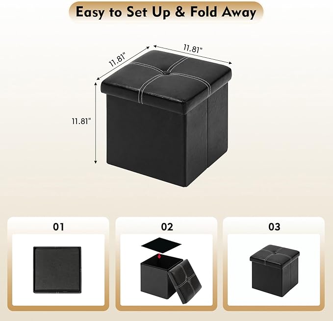 B FSOBEIIALEO Storage Ottoman with Faux Leather Foldable Small Square Foot Rest Coffee Table Black 11.8"X 11.8" X 11.8"