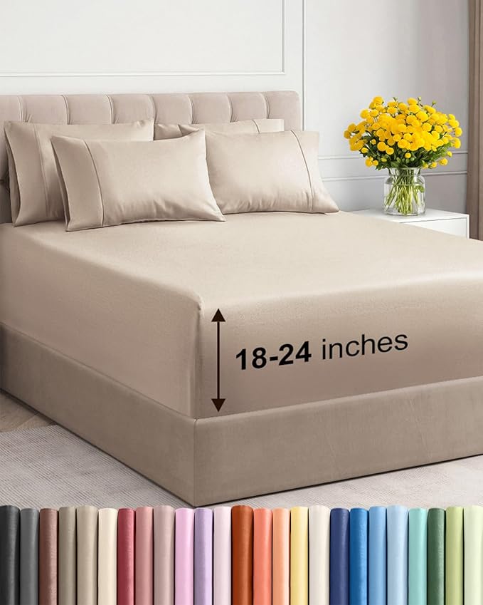 Extra Deep Full Sheet Set - 6 Piece Breathable and Cooling Sheets - Hotel Luxury Bed Sheets Set - Easy & Secure Fit - Soft, Wrinkle Free and Comfy Sheets Set - Wheat Sheet Set with Extra Deep Pockets