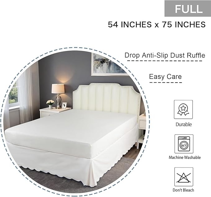 HIG Off-White Chic Full Bed Skirt - Easy Fit Scallop Edge Pleated Bedskirts, 14 Inch Drop Anti-Slip Dust Ruffle, Thick Fabric for Enhanced Privacy, Pre-Washed for Long-Lasting Use(N60022)