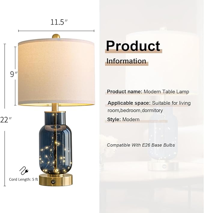 Oneach 22" Glass Table Lamps Set of 2, Blue Modern Bedside Lamp with LED Night Light for Living Room, Nightstand Lamp with USB Ports for Bedrooms, Study Room, End Table(2 Bulbs Included)