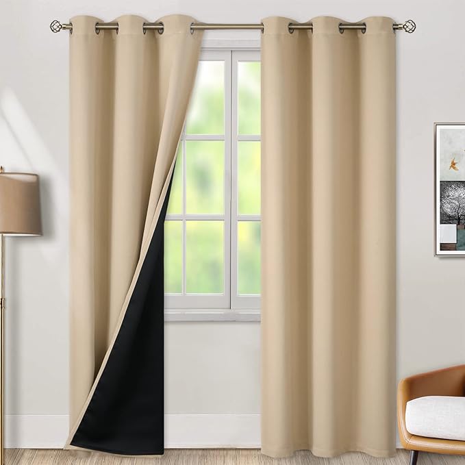 BGment Thermal Insulated 100% Blackout Curtains for Bedroom with Black Liner, Double Layer Full Room Darkening Noise Reducing Grommet Curtain (38 x 84 Inch, Beige, 2 Panels)