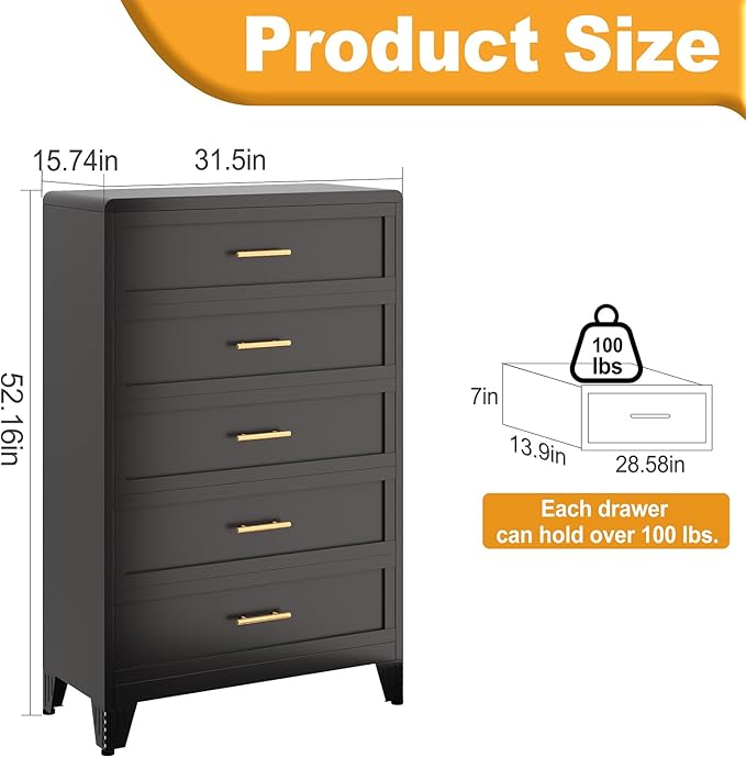 5 Drawer Dresser, Metal Tall Dresser for Bedroom, Black Bedroom Dressers with Drawers, Curved Corner Design Dressers & Chest of Drawers, Storage Cabinet for Hallway, Entryway (Black)