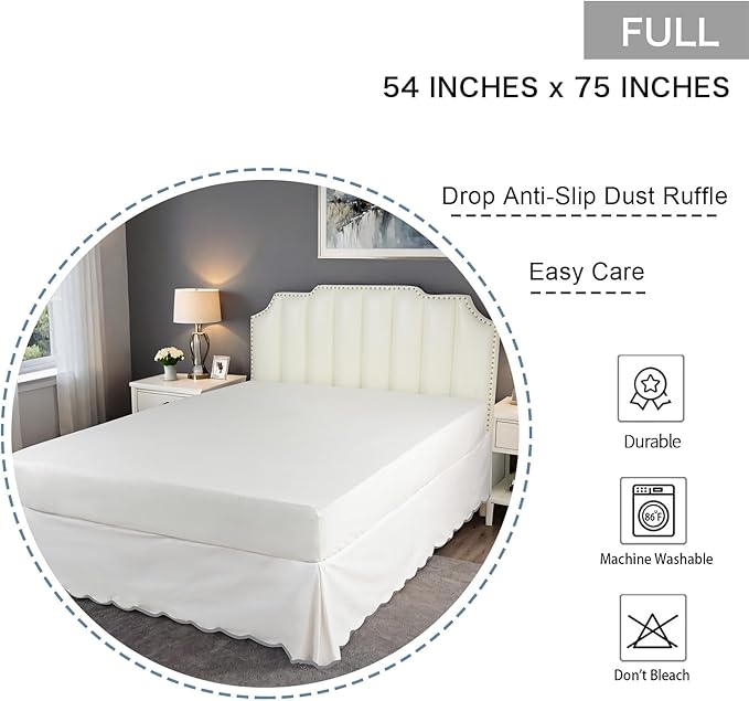 HIG Off-White Chic Full Bed Skirt - Easy Fit Scallop Edge Pleated Bedskirts, 14 Inch Drop Anti-Slip Dust Ruffle, Thick Fabric for Enhanced Privacy, Pre-Washed for Long-Lasting Use(N60022)